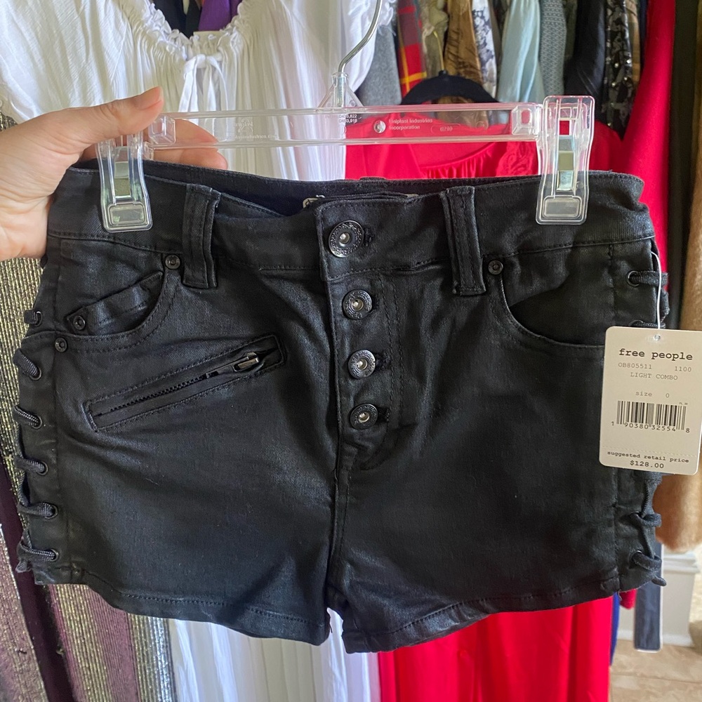 Free People Lone Ranger NWT Sz 24 Black Jean Shorts with Laced Up Sides Detail